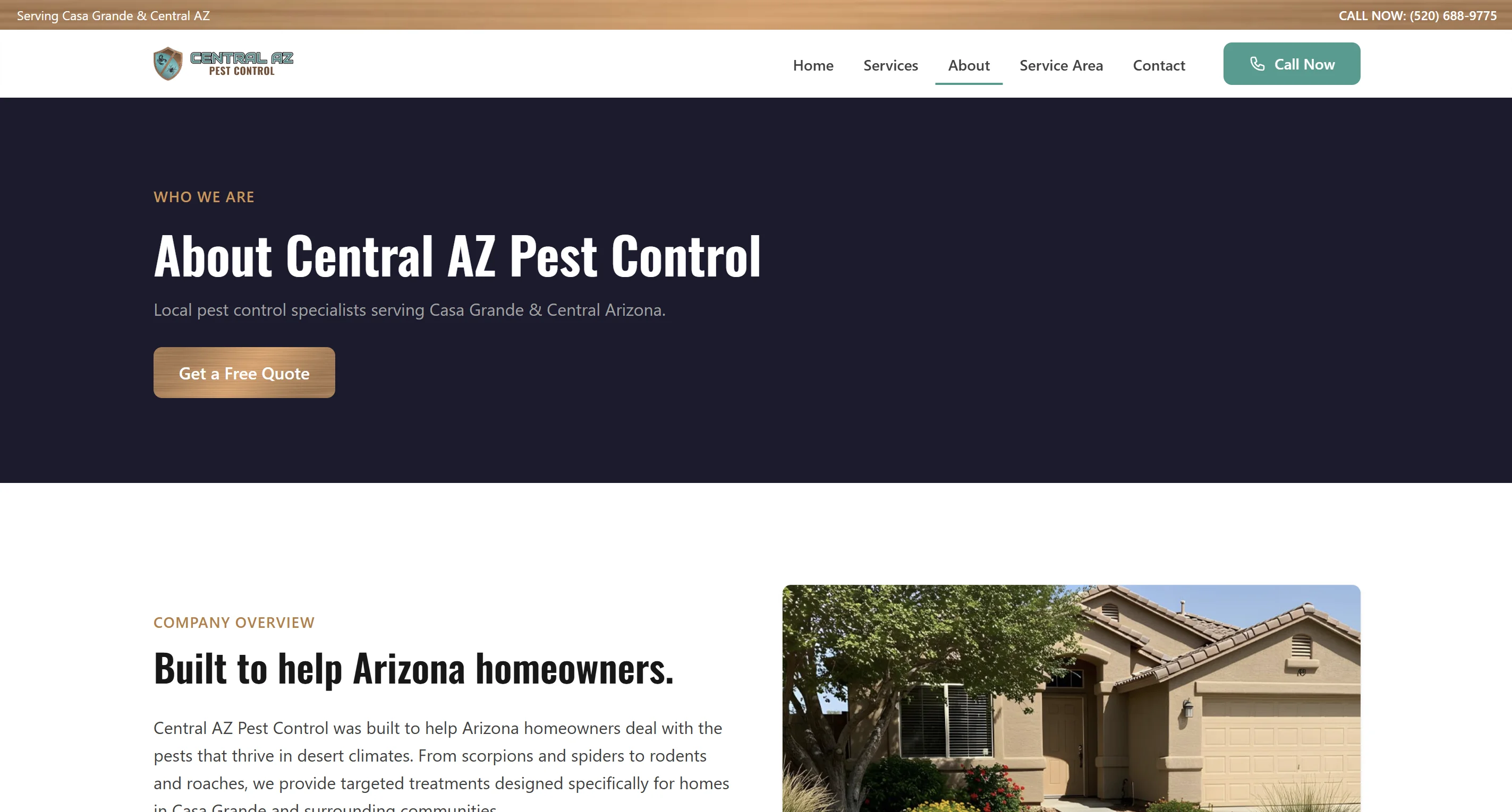 About page and homepage of Central AZ Pest Control