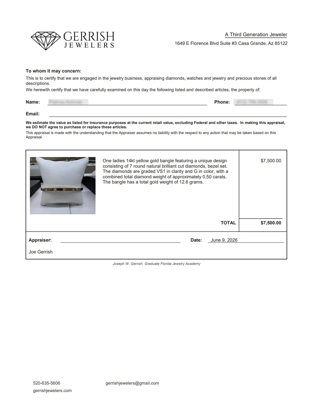 Finished Gerrish Jewelers appraisal document ready to print