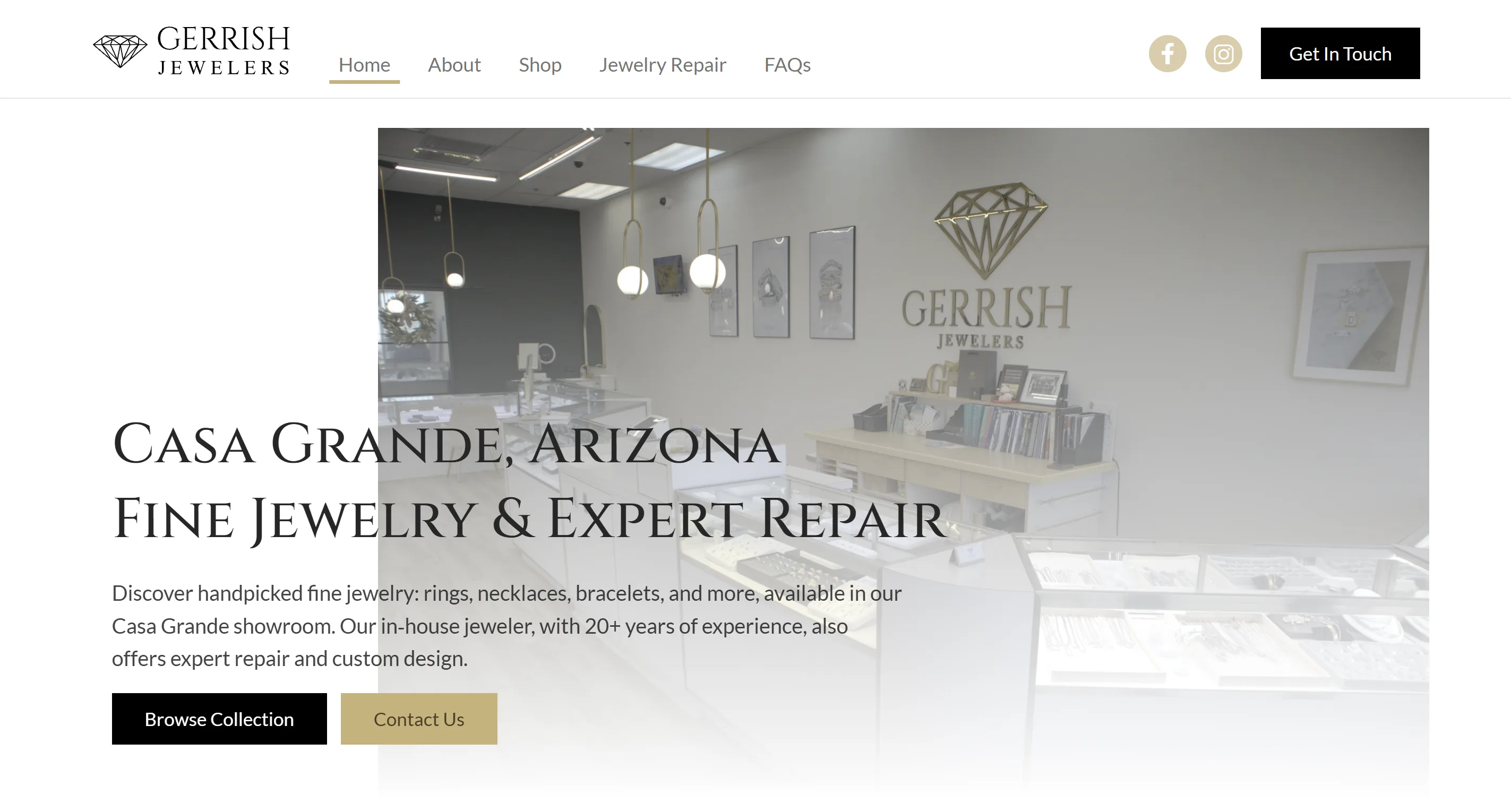 Gerrish Jewelers homepage showing the fine jewelry store in Casa Grande